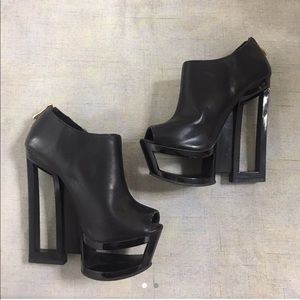 Faux leather & lacquer peep toe platforms